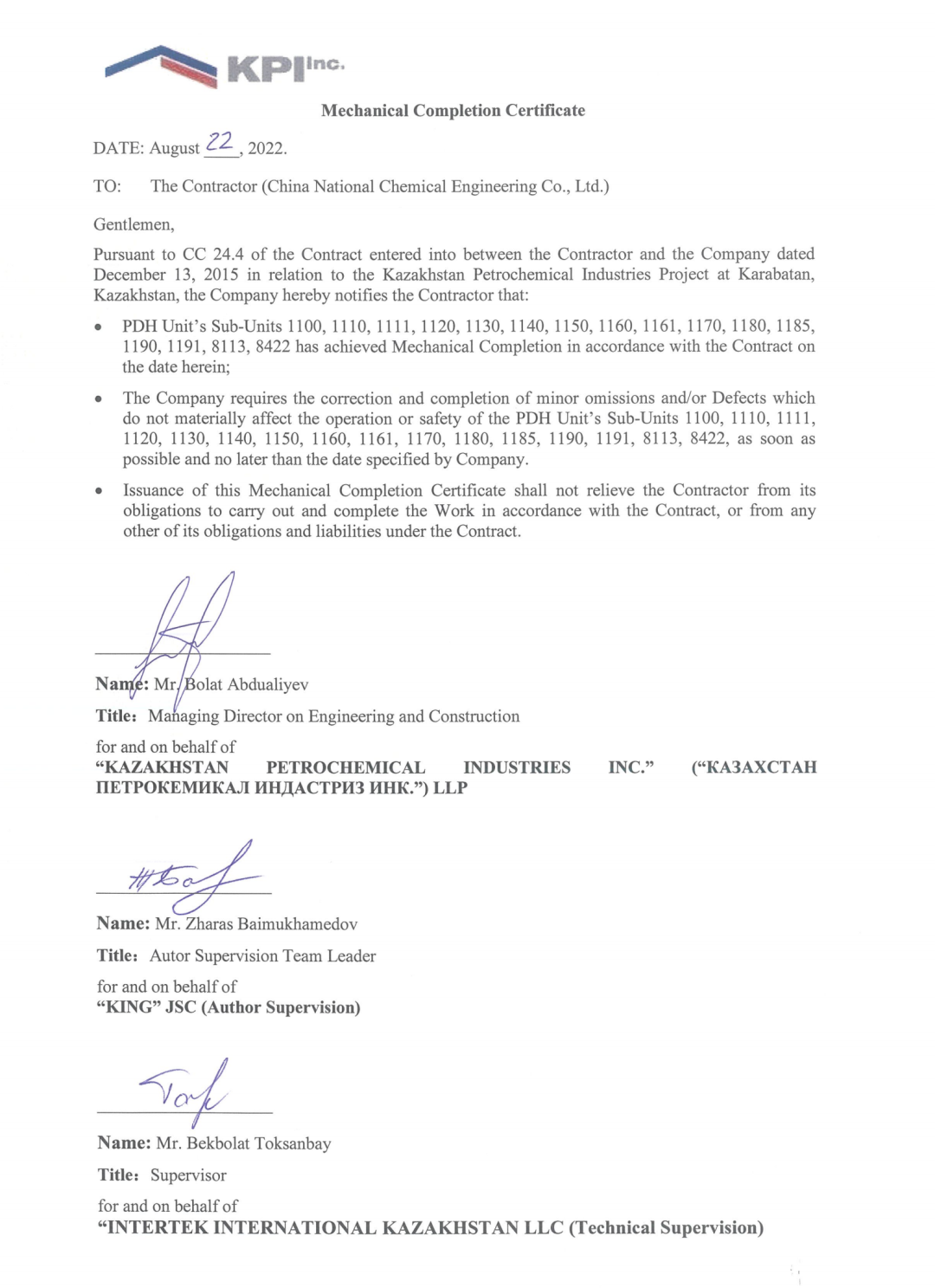 喜讯!哈萨克斯坦IPCI项目PDH装置顺利取得机械竣工证书 喜讯!哈萨克斯坦IPCI项目PDH装置顺利取得机械竣工证书